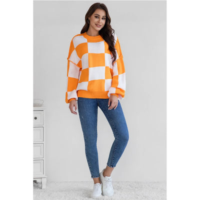 Game Day Ready: Orange & White Checkered Sweater