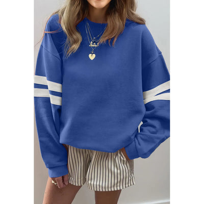 Sky Blue Varsity Striped Detail Drop Shoulder Oversized Sweatshirt