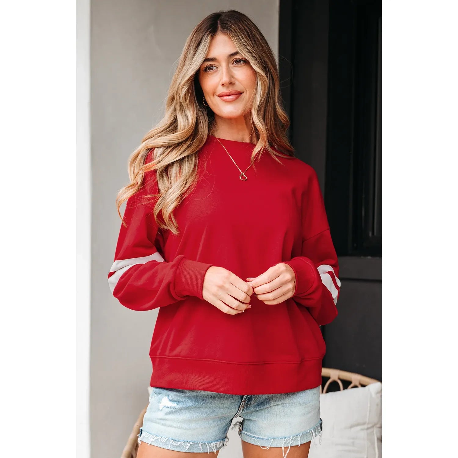 Fiery Red Varsity Striped Detail Drop Shoulder Oversized Sweatshirt
