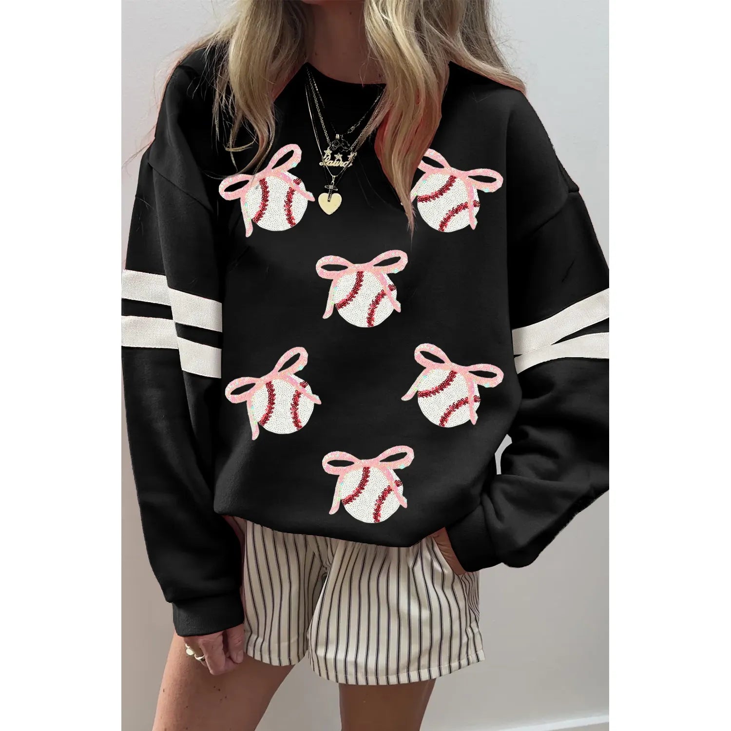 Black Bow Baseball Sequin Patched Oversized Varsity Sweatshirt