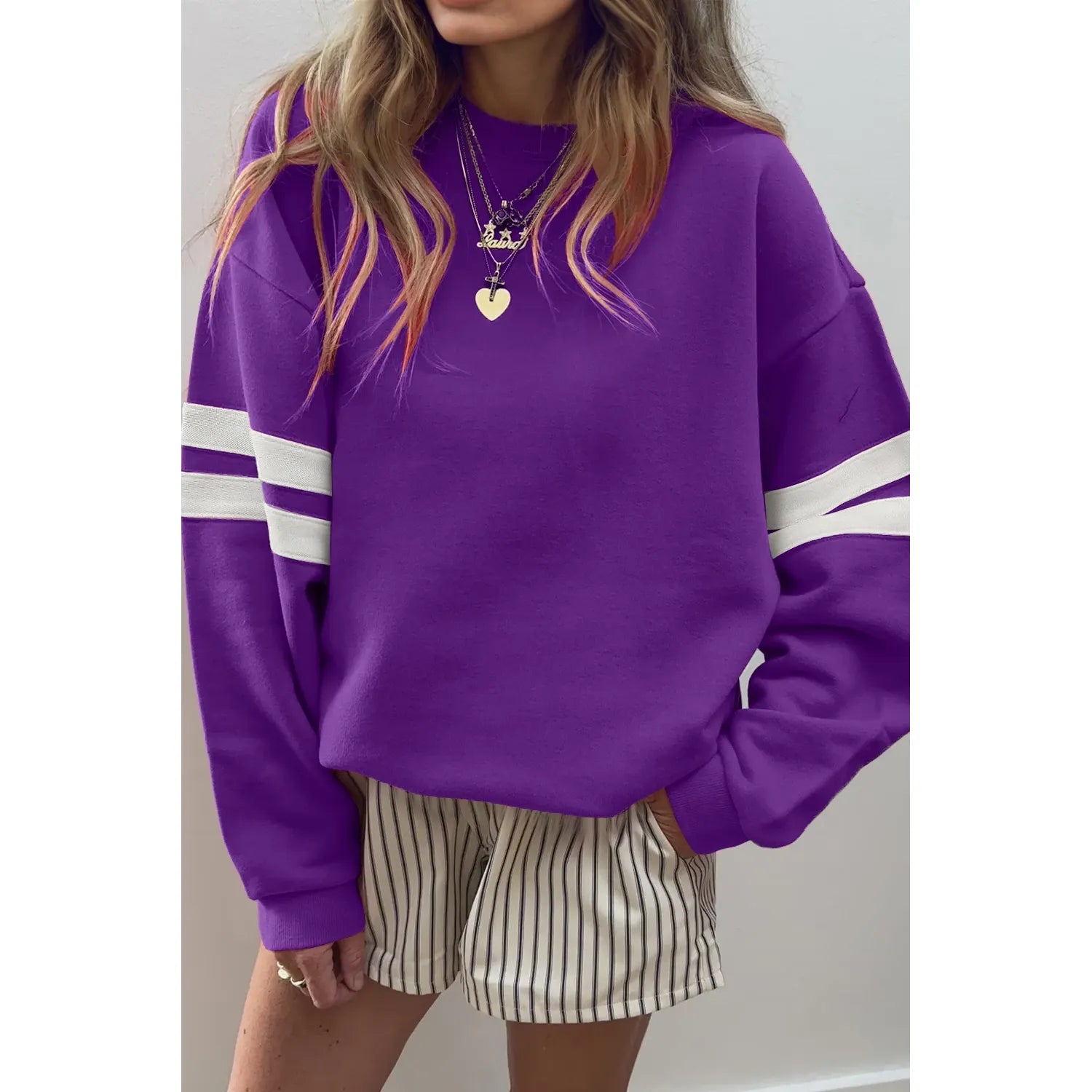 Purple Varsity Striped Detail Drop Shoulder Oversized Sweatshirt