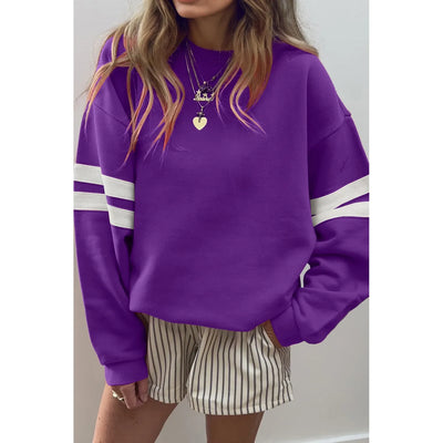 Purple Varsity Striped Detail Drop Shoulder Oversized Sweatshirt