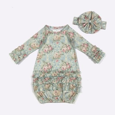 Aqua Antique Baby Gown + Bow - Clover Cottage