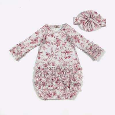 Cherries Baby Gown + Bow - Clover Cottage
