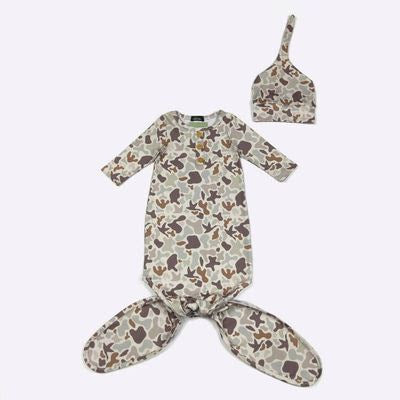 Muted Camo Baby Knotted Gown + Hat - Clover Cottage