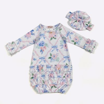 Shabby Chic Trellis Baby Gown + Bow - Clover Cottage