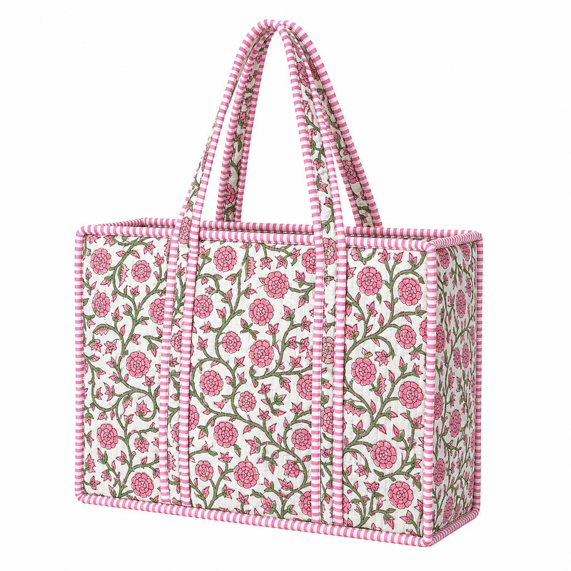 Pink and Green Floral Quilted Large Tote