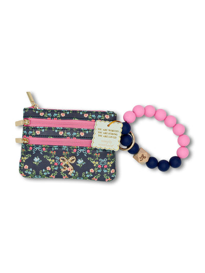 Navy Flower Print Beaded Bangle Wallet - Simply Southern