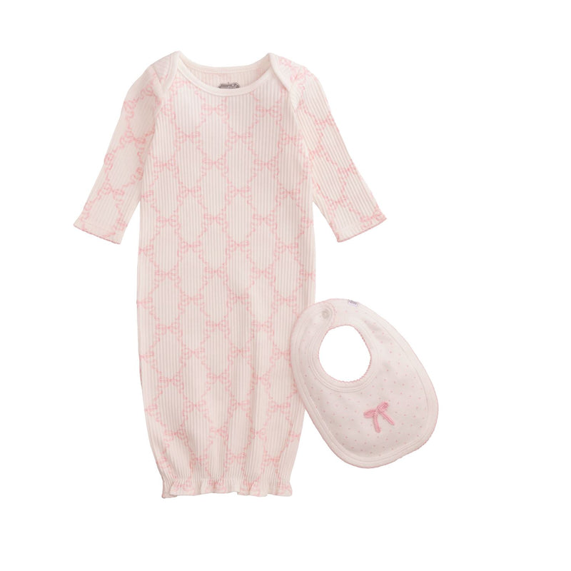 Pink Bow Baby Gown & Bib Set - Mud Pie