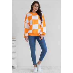 Game Day Ready: Orange & White Checkered Sweater