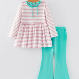 Valentine's Day Ruffle Stripe Smocking Embroidered Outfit Set