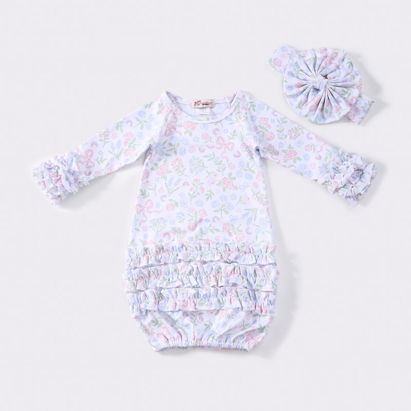 Coquette Floret Baby Gown + Bow - Clover Cottage