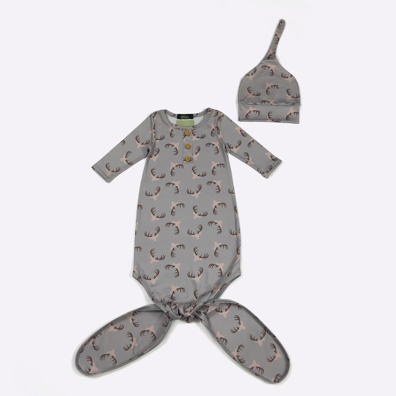 Antler Baby Knotted Gown + Hat - Clover Cottage