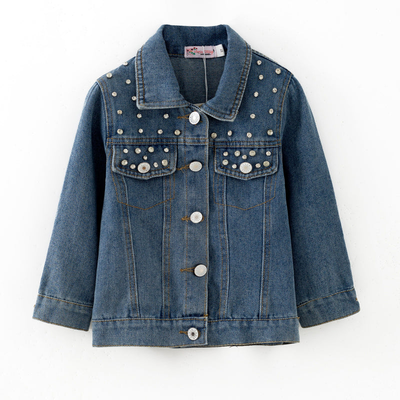 Girls Rhinestone Denim Button-Down Jacket - Clover Cottage