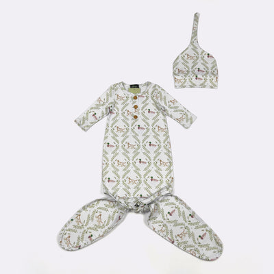 Hunting Heritage Duck Mallard and Dog Baby Knotted Gown + Hat - Clover Cottage