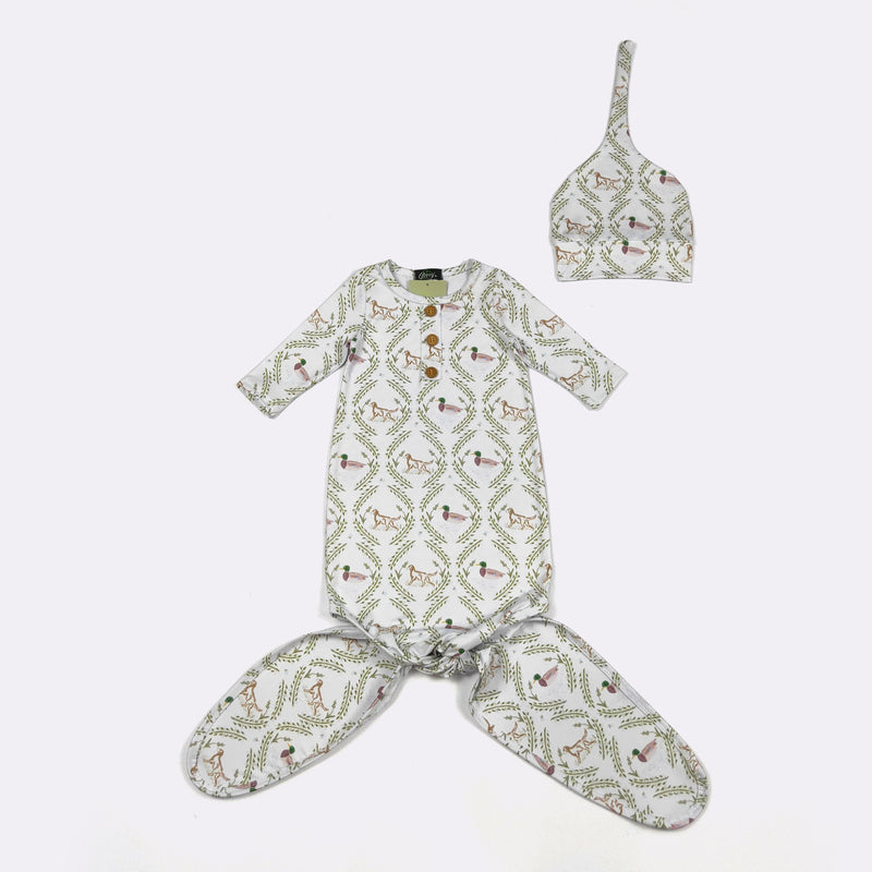 Hunting Heritage Duck Mallard and Dog Baby Knotted Gown + Hat - Clover Cottage
