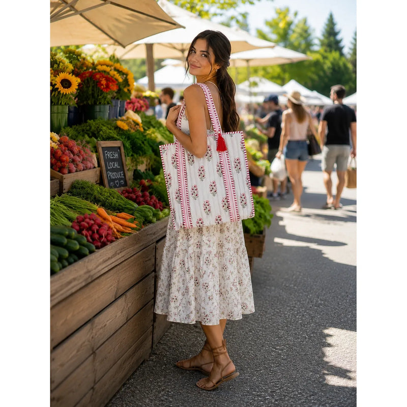 Big Quilted Cora Floral Shopping Tote- Mavi Bandz