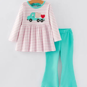 Valentine's Day Ruffle Stripe Smocking Embroidered Outfit Set