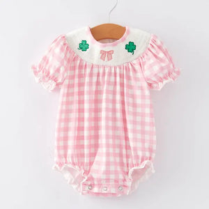 St. Patrick's Day Smocking Embroidered Pink Plaid Baby Girls Romper