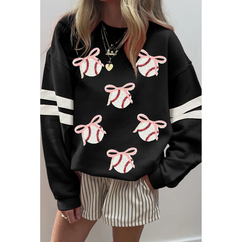 Black Bow Baseball Sequin Patched Oversized Varsity Sweatshirt