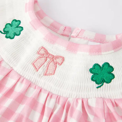 St. Patrick's Day Smocking Embroidered Pink Plaid Baby Girls Romper