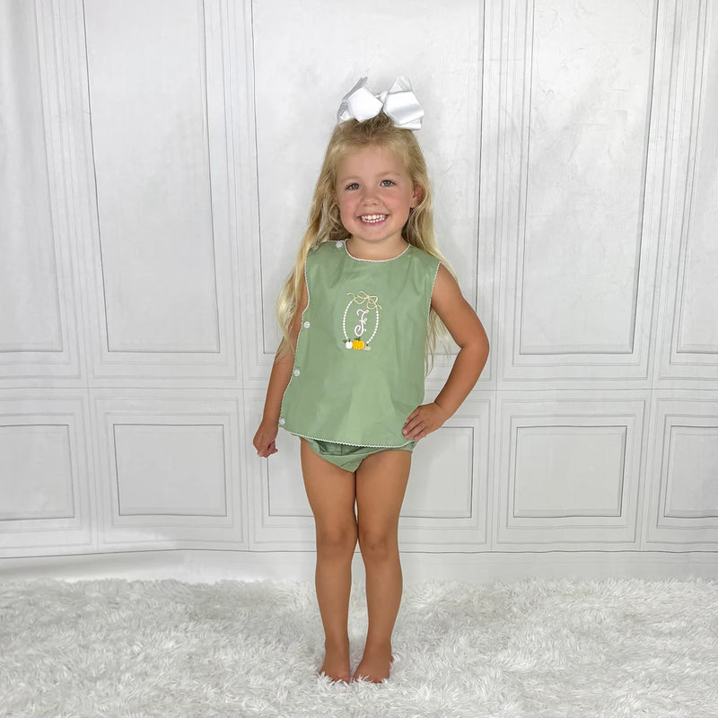 Sage Green Girls Vintage Bloomer Set with Crochet - Personalized