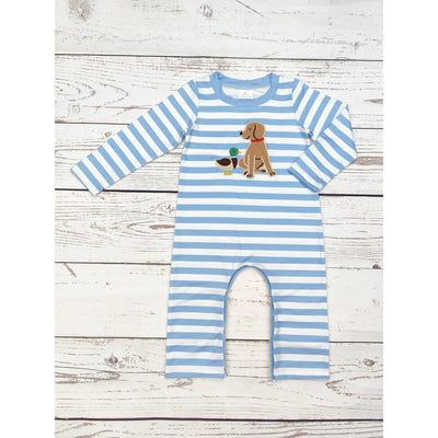 Blue Stripe Baby Boy Dog & Duck Appliqué Romper