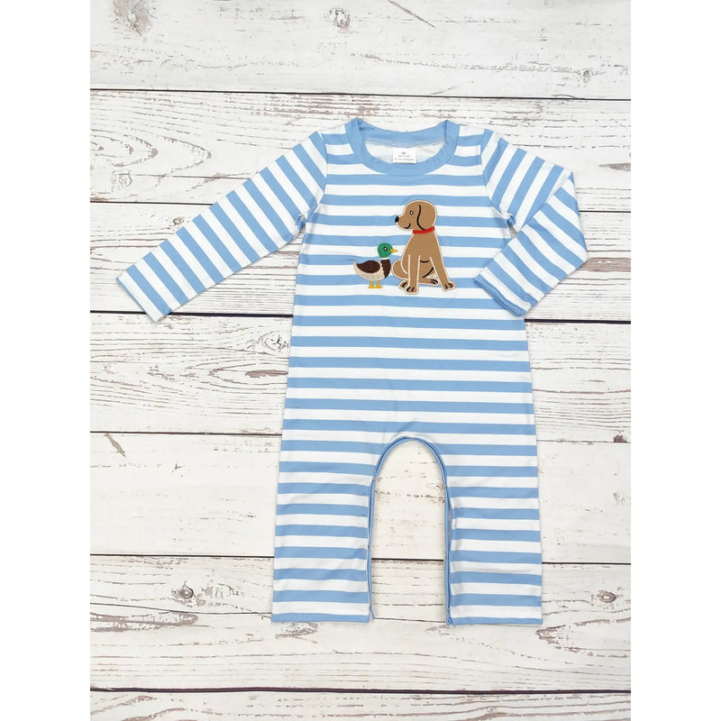 Blue Stripe Baby Boy Dog & Duck Appliqué Romper