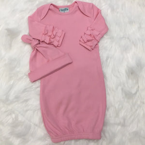 Girls Bubble Gum Pink Baby Gown with Ruffle Sleeves & Matching Beanie - Monogrammable