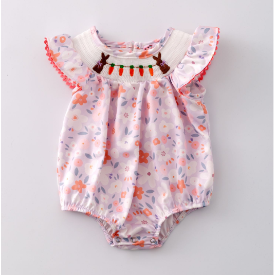 Carrot Patch Smocked Baby Romper - Clover Cottage