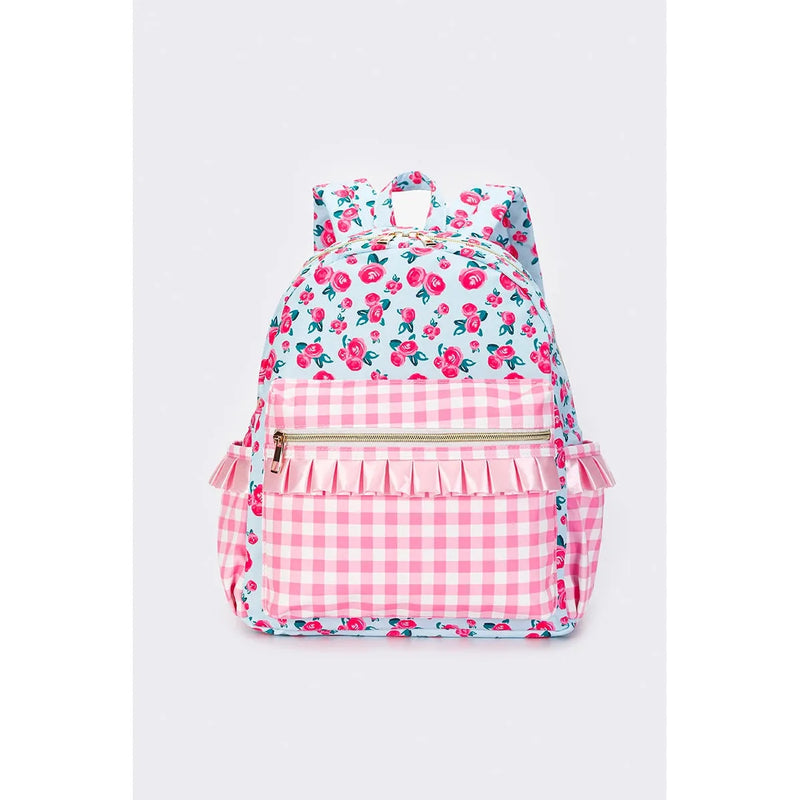 Pink Checkered Kids Ruffle Backpack
