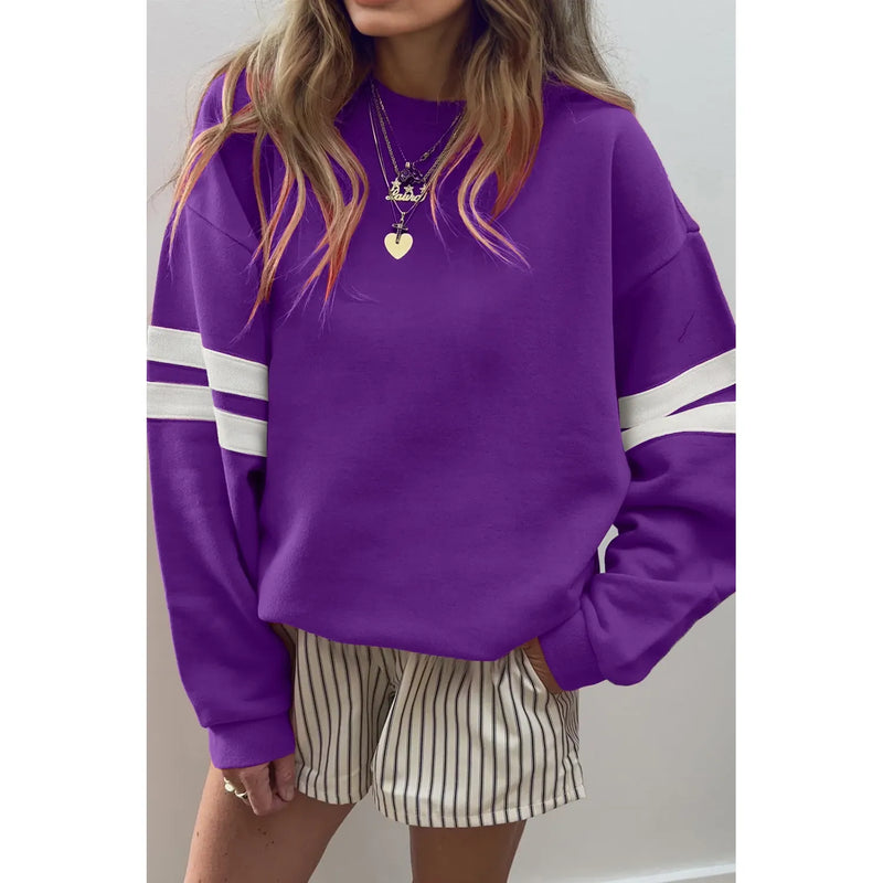 Purple Varsity Striped Detail Drop Shoulder Oversized Sweatshirt