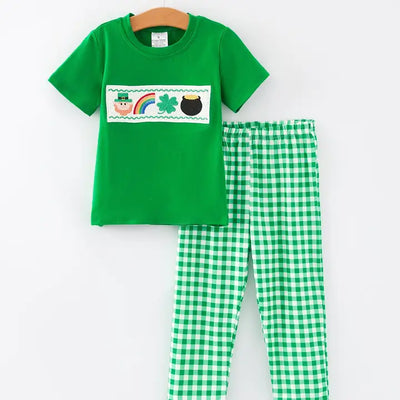 St. Patrick's Day Smocking Embroidered Plaid Outfit Set