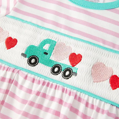 Valentine's Day Ruffle Stripe Smocking Embroidered Girls Romper