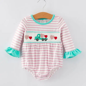 Valentine's Day Ruffle Stripe Smocking Embroidered Girls Romper