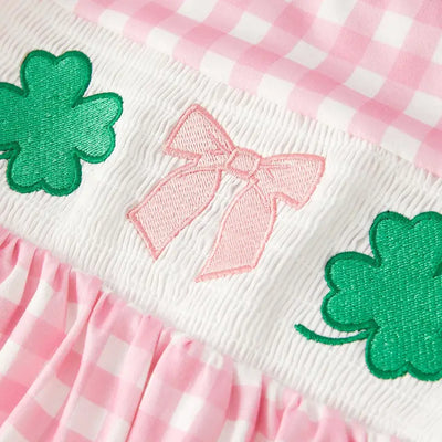 St. Patrick's Day Smocking 4-leaf Clover Plaid Bow Embroidered Set