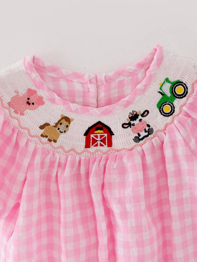 Farm Pink Smocking Embroidered Girls Romper