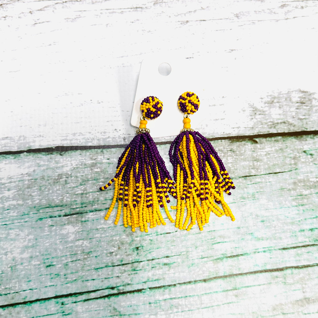 Purple and Yellow Beaded Dangle Earrings