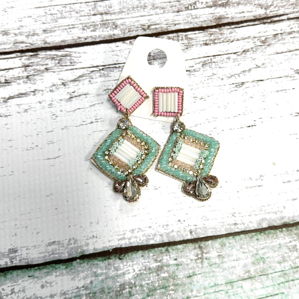 Diamond Shaped Pearl Pink/Turquoise Beaded Earrings