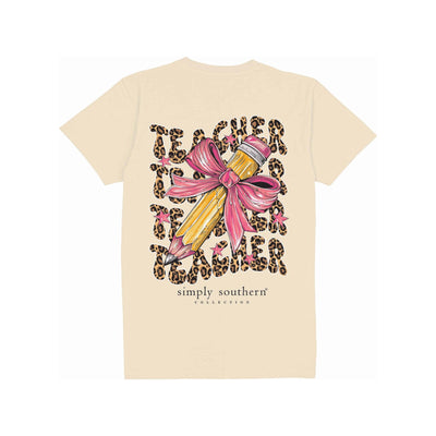 Teacher Leopard Bow Pencil - Graphic Short Sleeve T-Shirt - Simply Southern