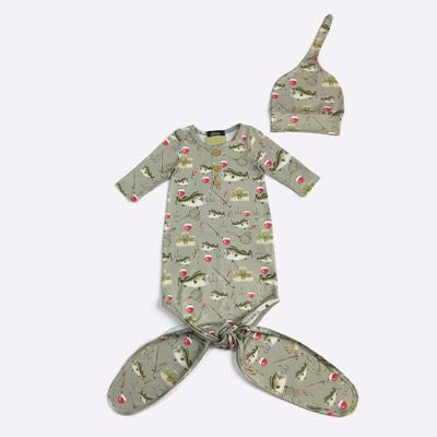 Big Mouth Bass Baby Knotted Gown + Hat - Clover Cottage