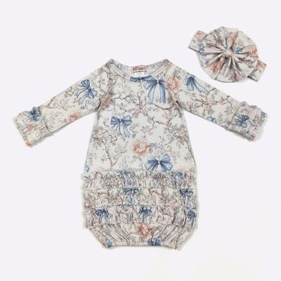 Blue Vintage Coquette Baby Gown + Bow - Clover Cottage