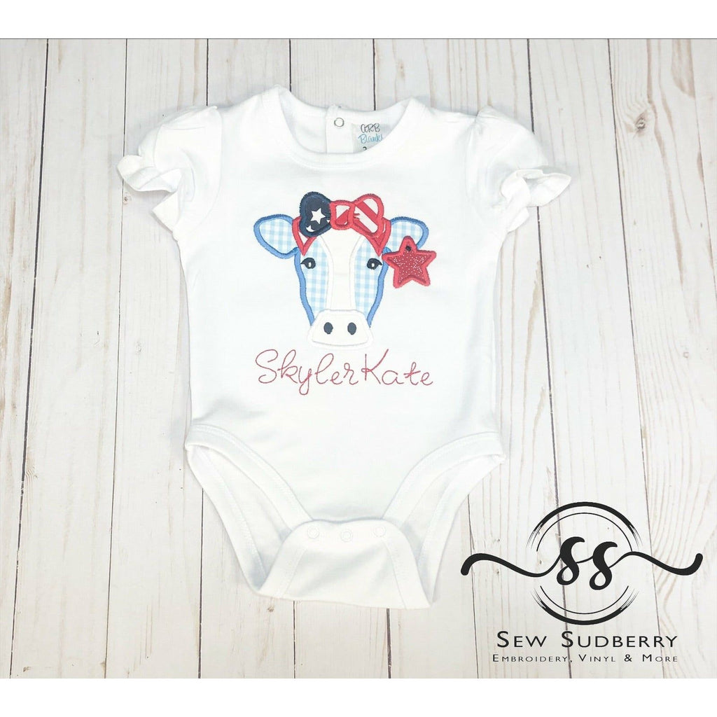 Red White & Blue Heifer Cow with Bow Appliqué Tee for Girls - Holiday Themed