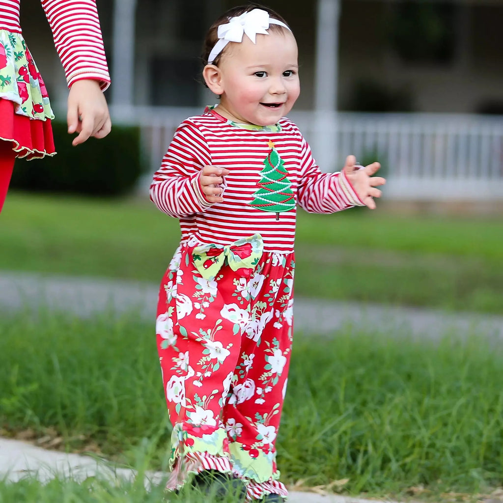 Christmas Candy Cane Stripe Floral Romper