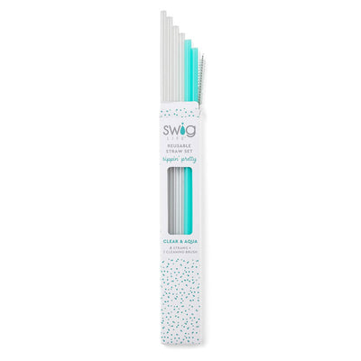 Clear + Aqua Reusable Tall Straw Set- Swig