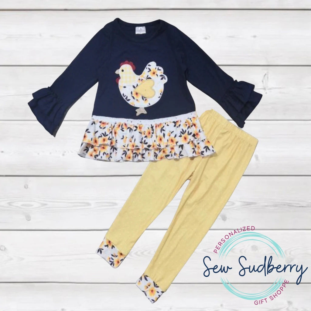 Yellow & Navy Floral Chicken Appliqué Outfit