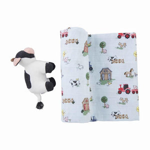 Blue Cow SWADDLE BLANKET AND RATTLE Mud Pie